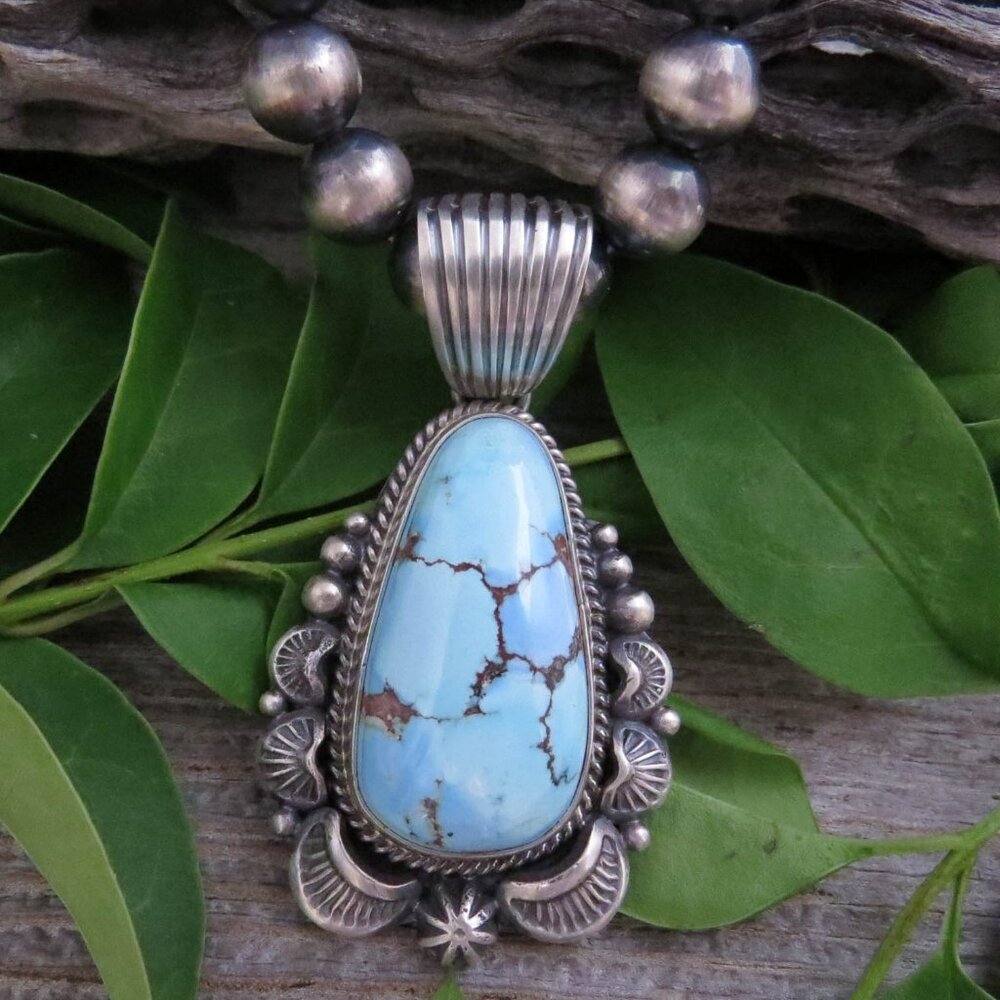 Golden Hill Turquoise Sterling Silver Large Pendant Native American Navajo Neckl